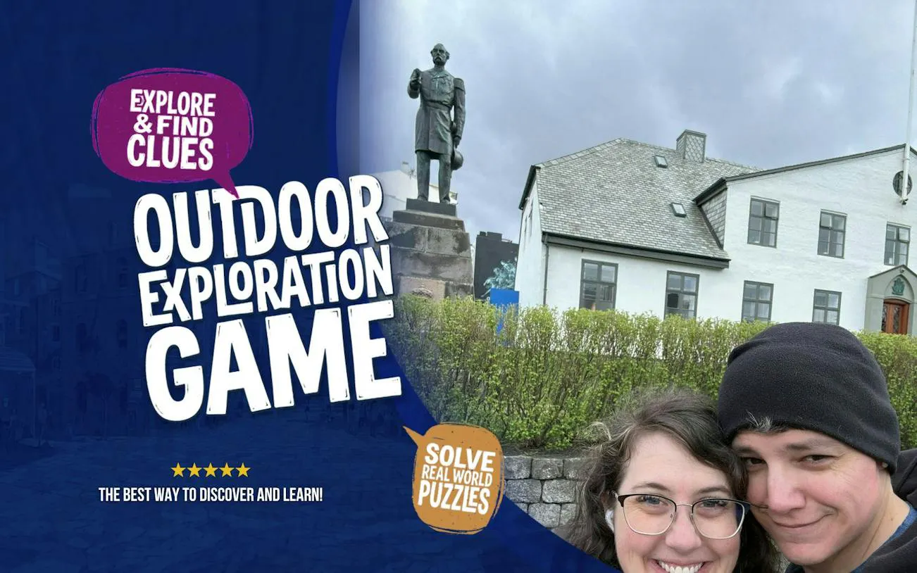 Reykjavík city exploration game with statue and historic building in background.