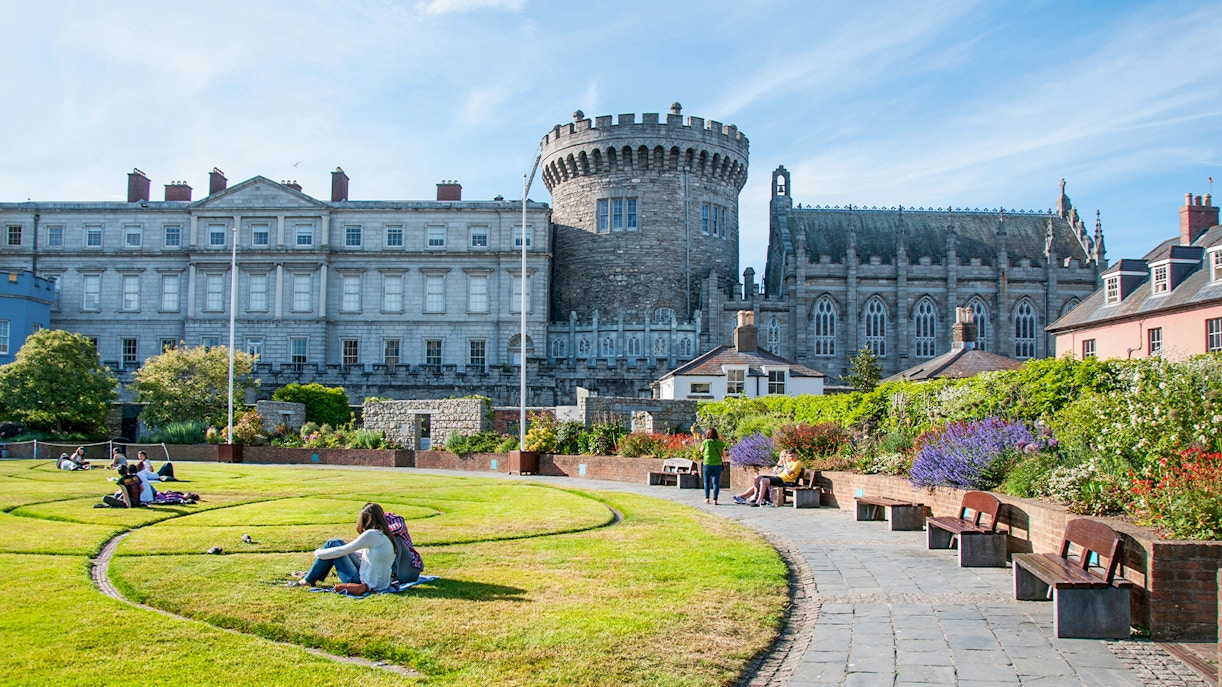 Dublin Castle courtyard with historic architecture and clock tower.