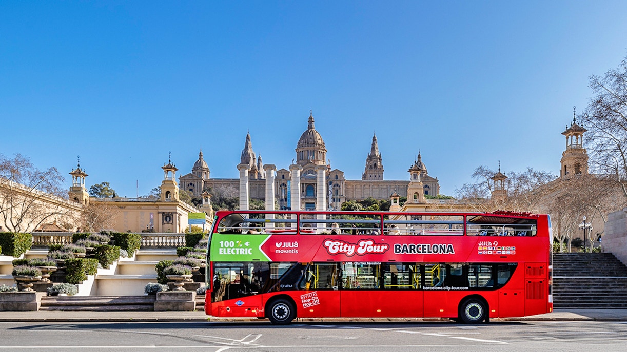 Barcelona hop-on hop-off bus in front of the National Art Museum of Catalonia.