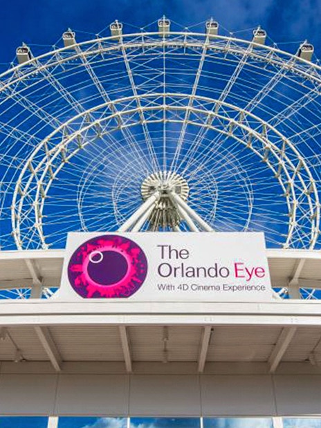 Ferris wheel at ICON Park, Orlando, with blue sky background.