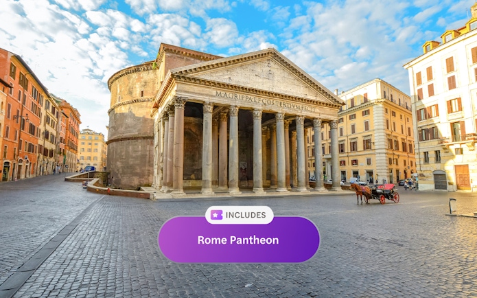 Rome Pantheon with surrounding buildings and a horse-drawn carriage.