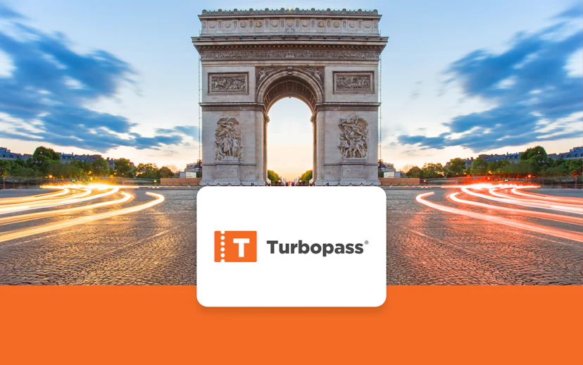 Arc de Triomphe in Paris with light trails, promoting city pass with Eiffel Tower access.