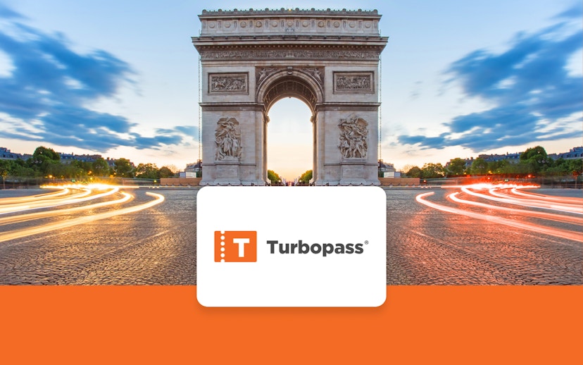 Arc de Triomphe in Paris with light trails, promoting city pass with Eiffel Tower access.