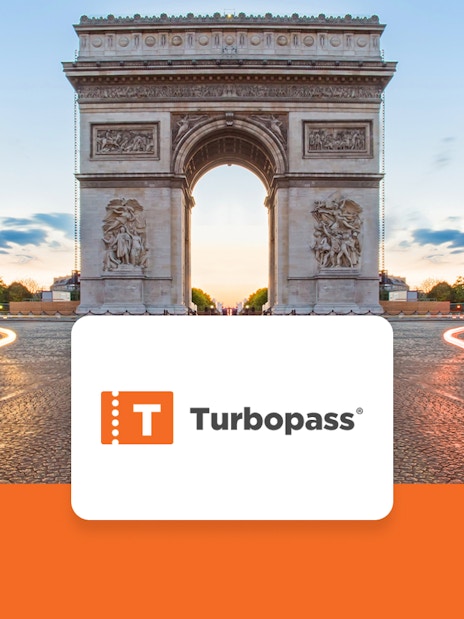 Arc de Triomphe in Paris with light trails, promoting city pass with Eiffel Tower access.