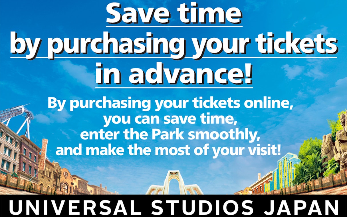 Universal Studios Japan ticket purchase promotion with park entrance view.