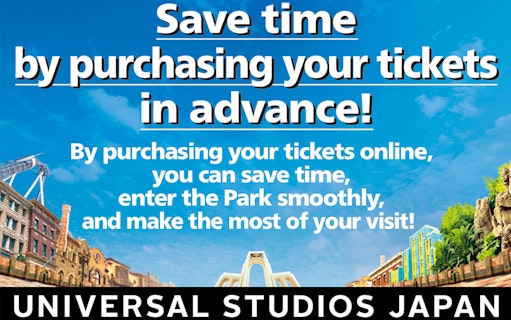 Universal Studios Japan ticket purchase promotion with park entrance view.