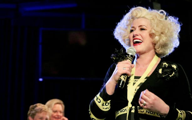 Performer on stage during "Marriage Can Be Murder" show in Las Vegas.