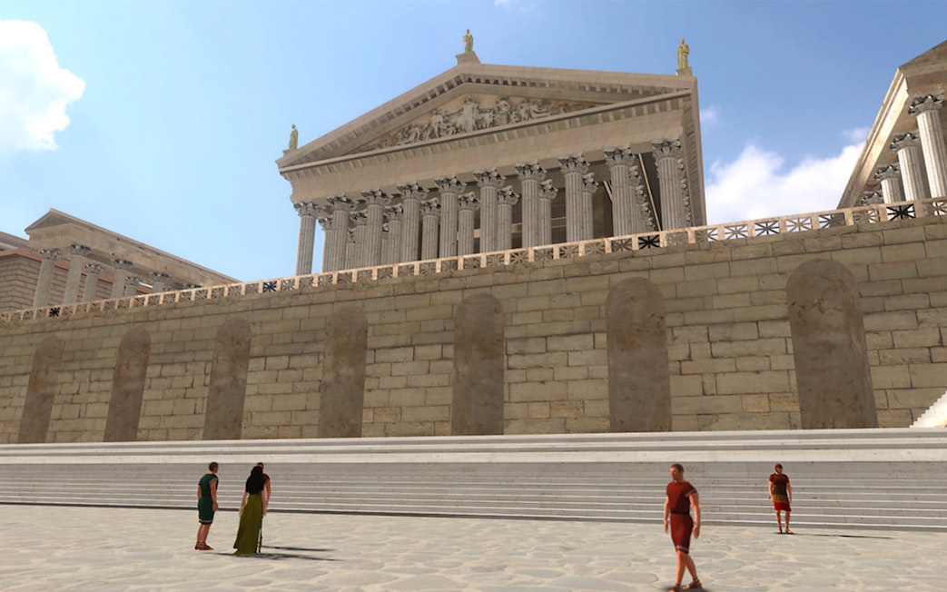 Virtual reality view of ancient Colosseum facade with people exploring, Rome.