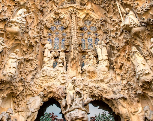 Sagrada Familia exterior facade detail in Barcelona, Spain.
