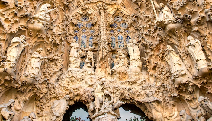 Sculptural details on the facade of Sagrada Familia, Barcelona.