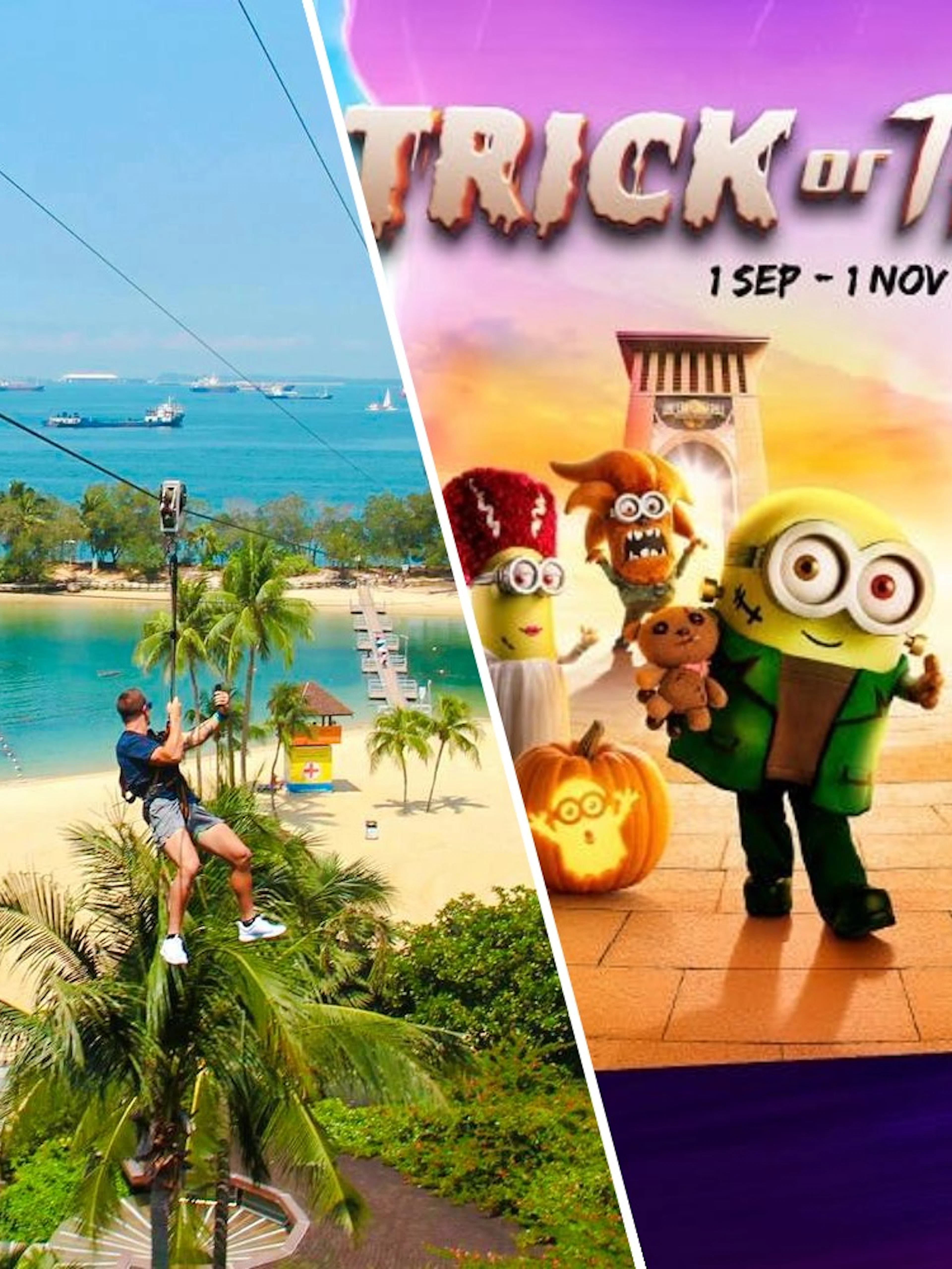 Ziplining over Sentosa Island at Mega Adventure Park, Singapore, with Trick or Thrills event at Universal Studios.