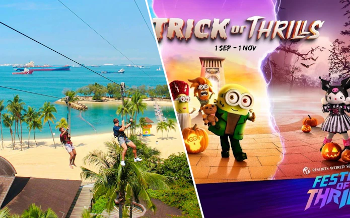 Ziplining over Sentosa Island at Mega Adventure Park, Singapore, with Trick or Thrills event at Universal Studios.