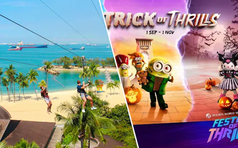 Ziplining over Sentosa Island at Mega Adventure Park, Singapore, with Trick or Thrills event at Universal Studios.