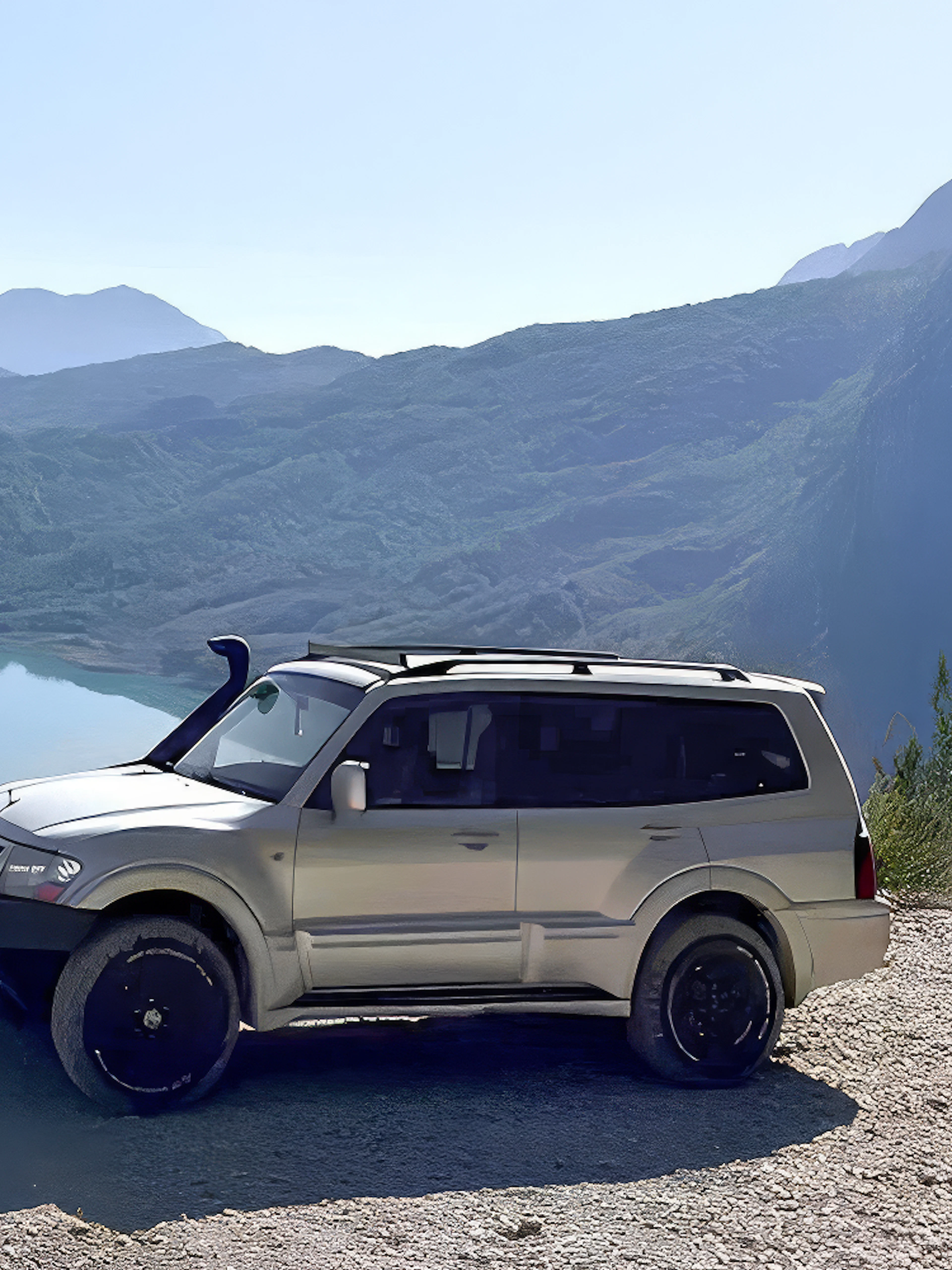 4x4 vehicle parked with Bovilla Lake and mountains in the background during offroad tour from Tirana.