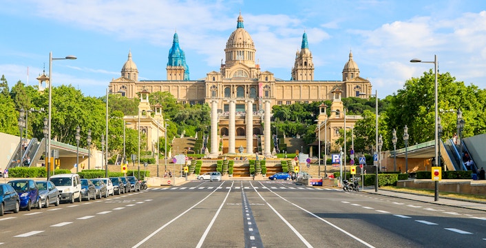 Museu Nacional d'Art de Catalunya in Barcelona with road leading to entrance.