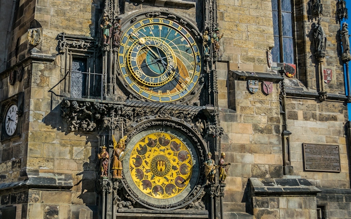Astronomical Clock in Prague, Czech Republic, with intricate dials and figures.