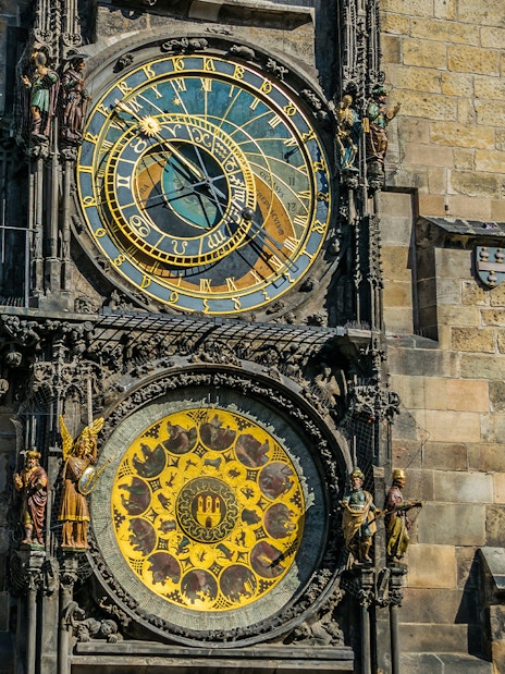 Astronomical Clock in Prague, Czech Republic, with intricate dials and figures.