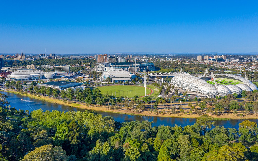 Aerial view of Melbourne sports stadiums near Yarra River, Australia.