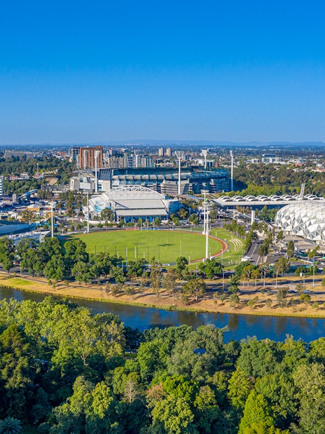 Aerial view of Melbourne sports stadiums near Yarra River, Australia.