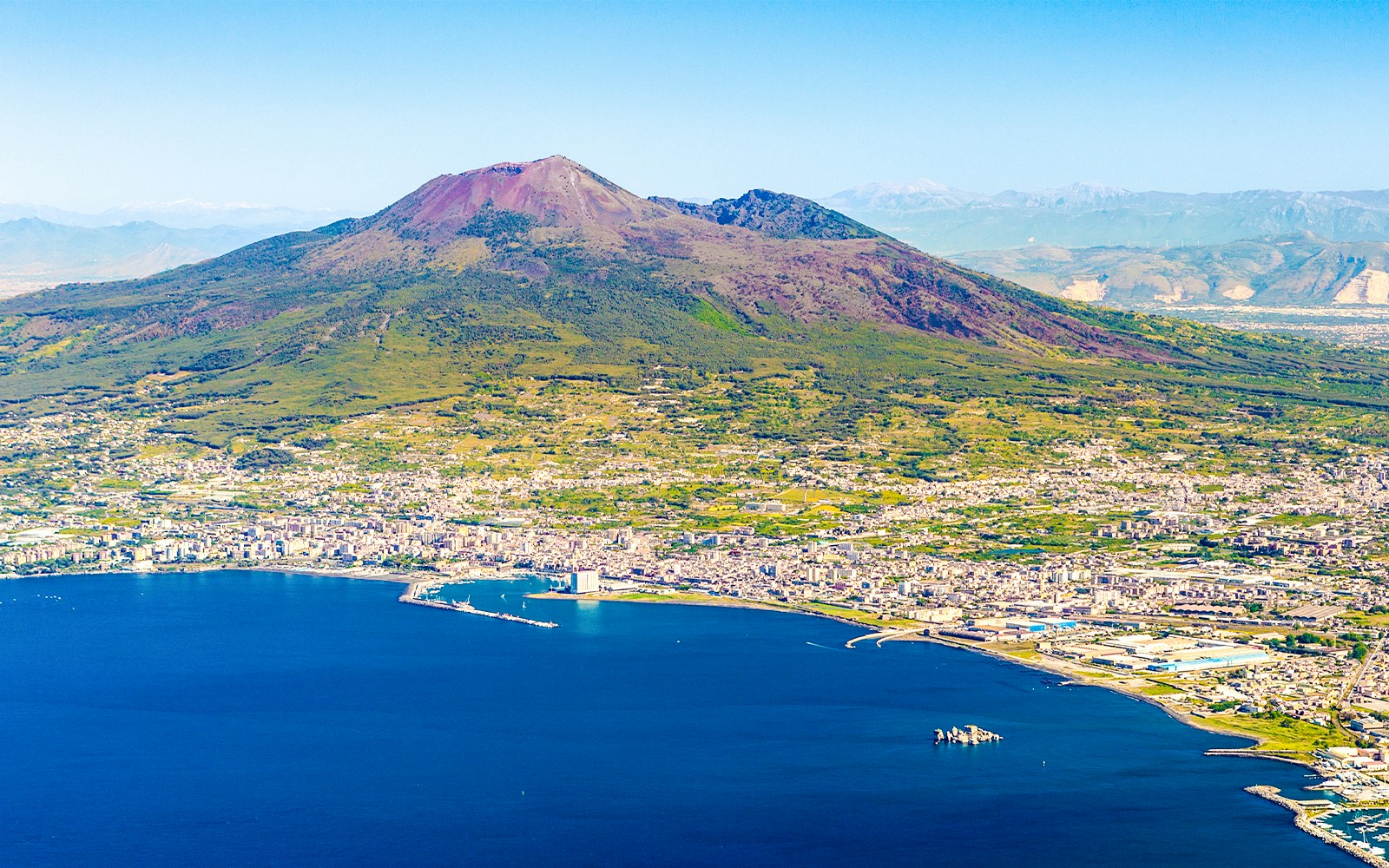 Aerial view of Mount Vesuvius overlooking the Bay of Naples, Italy.