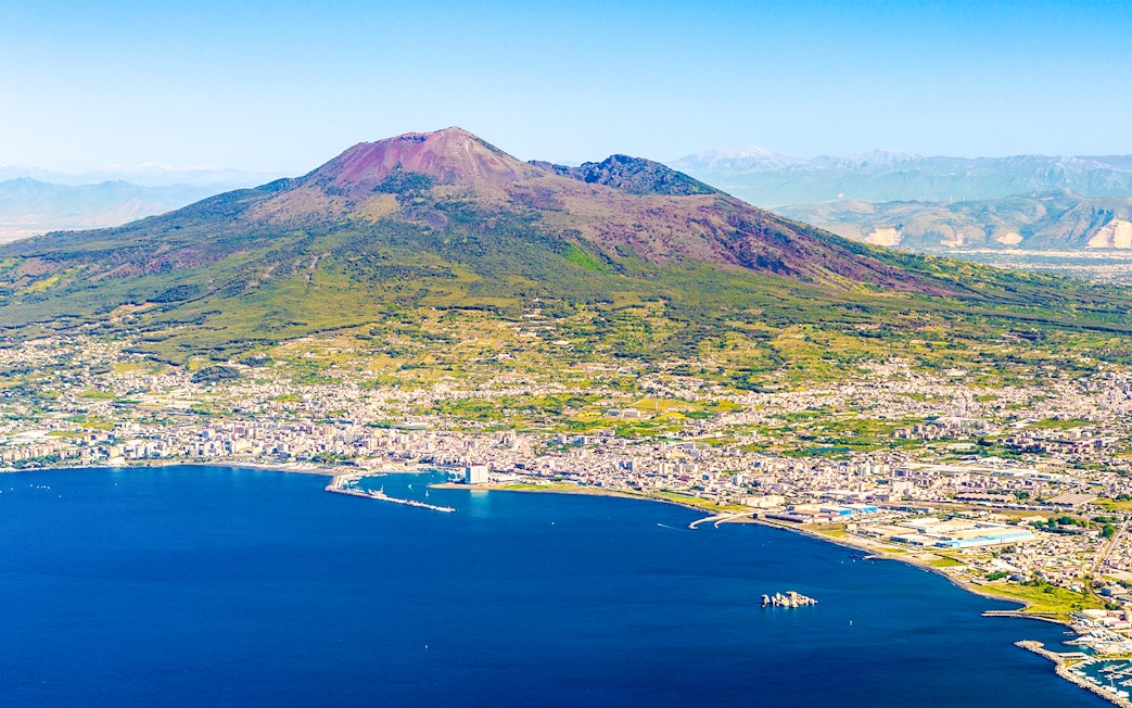 Aerial view of Mount Vesuvius overlooking the Bay of Naples, Italy.