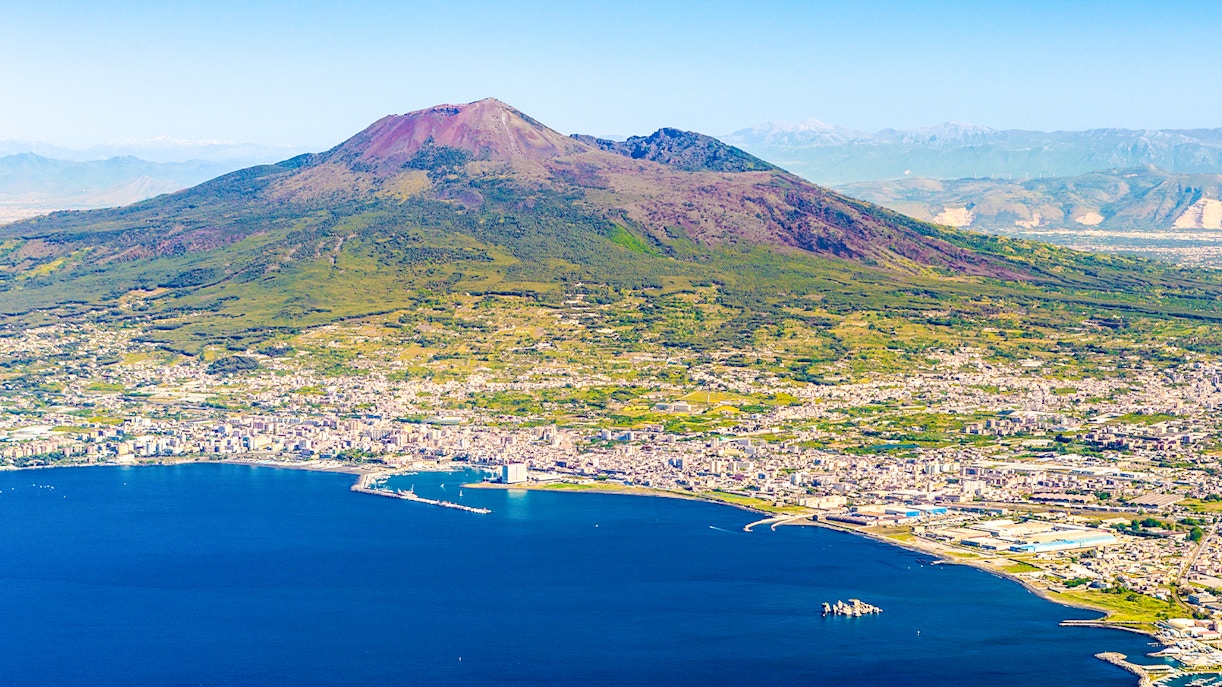 Aerial view of Mount Vesuvius overlooking the Bay of Naples, Italy.