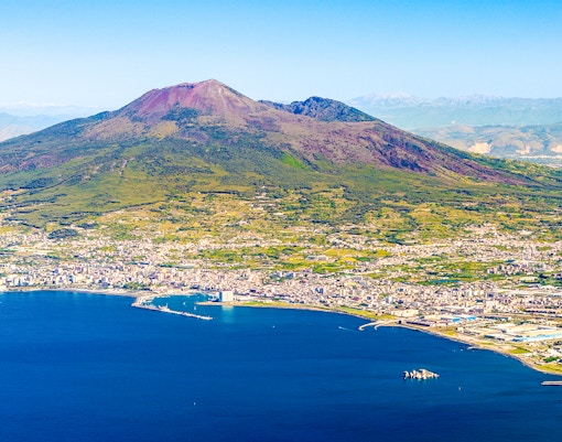 Aerial view of Mount Vesuvius overlooking the Bay of Naples, Italy.