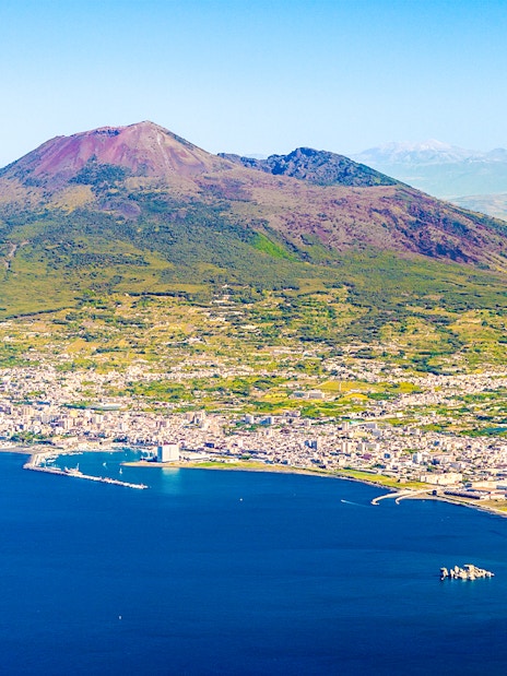 Aerial view of Mount Vesuvius overlooking the Bay of Naples, Italy.