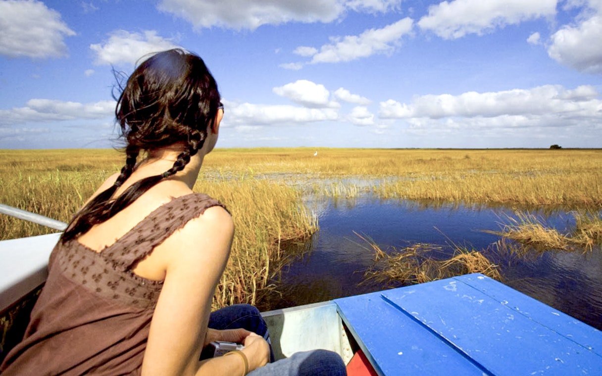 Person on airboat exploring Everglades National Park wetlands under blue sky.