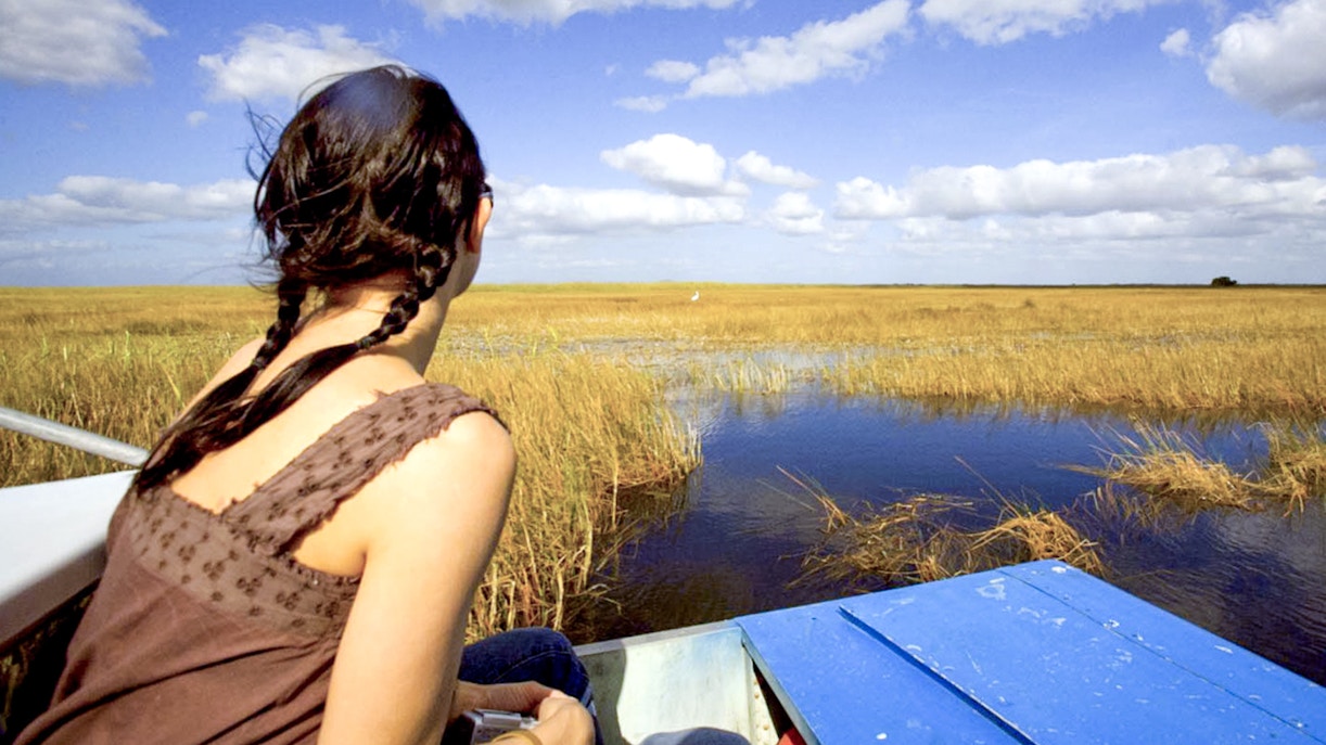 Person on airboat exploring Everglades National Park wetlands under blue sky.