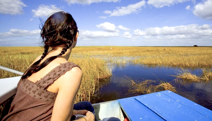 Person on airboat exploring Everglades National Park wetlands under blue sky.