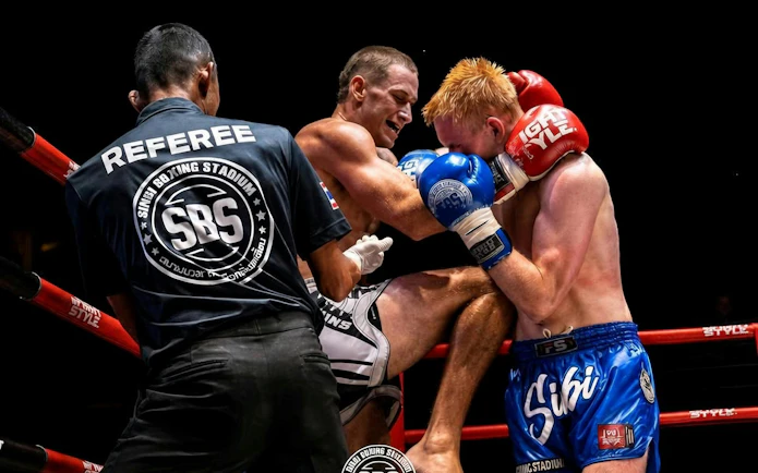 Referee and two boxers in action at Sinbi Muay Thai match in Rawai, Phuket.