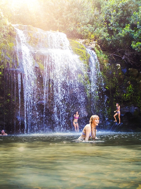 Guests enjoying a waterfall swim on the Kohala Zip & Dip tour in Hawaii.