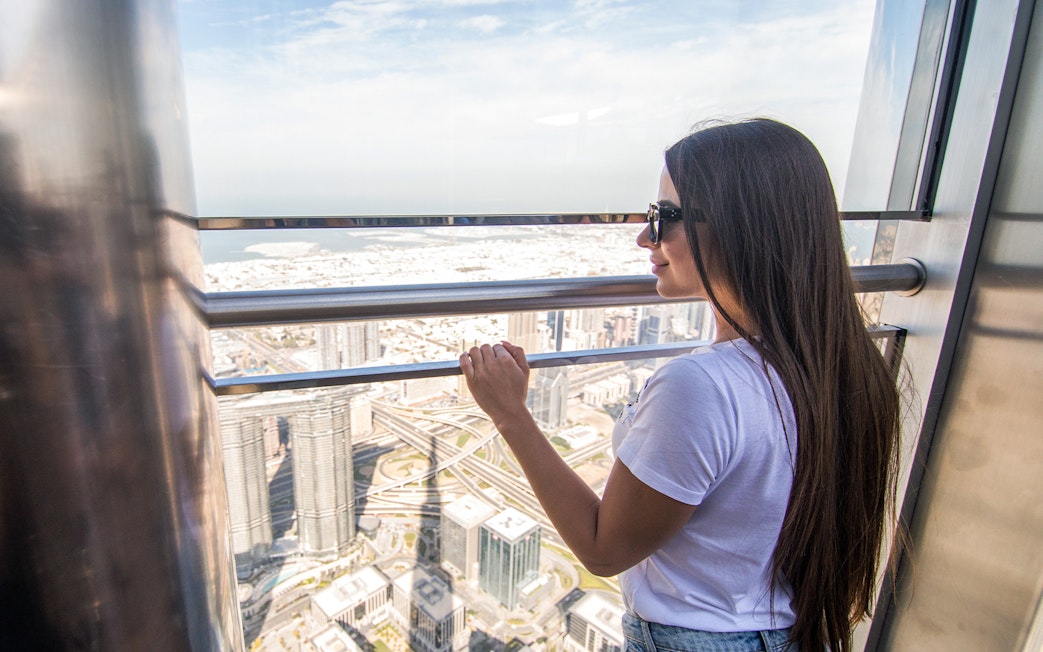 Viewing Dubai skyline from Sky Views Observatory.