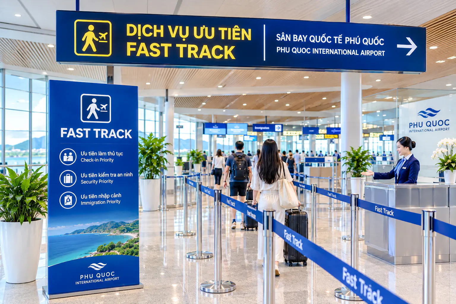 Fast track service area at Phu Quoc International Airport with passengers and staff.