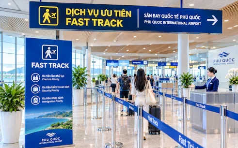 Fast track service area at Phu Quoc International Airport with passengers and staff.
