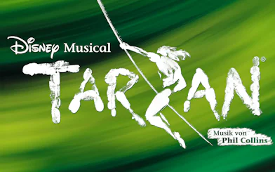 Disney's Tarzan musical logo with swinging figure and Phil Collins music credit.