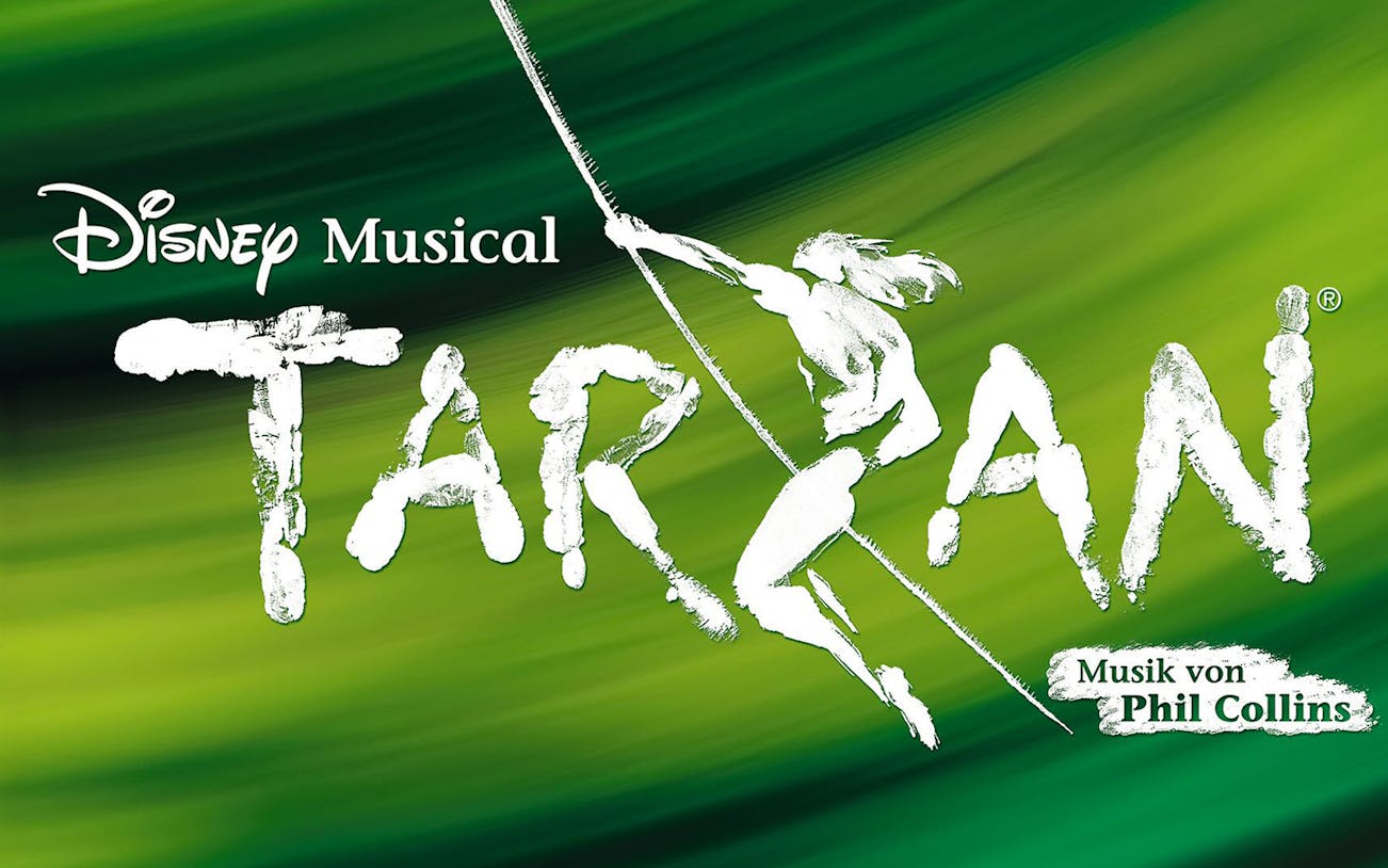 Disney's Tarzan musical logo with swinging figure and Phil Collins music credit.