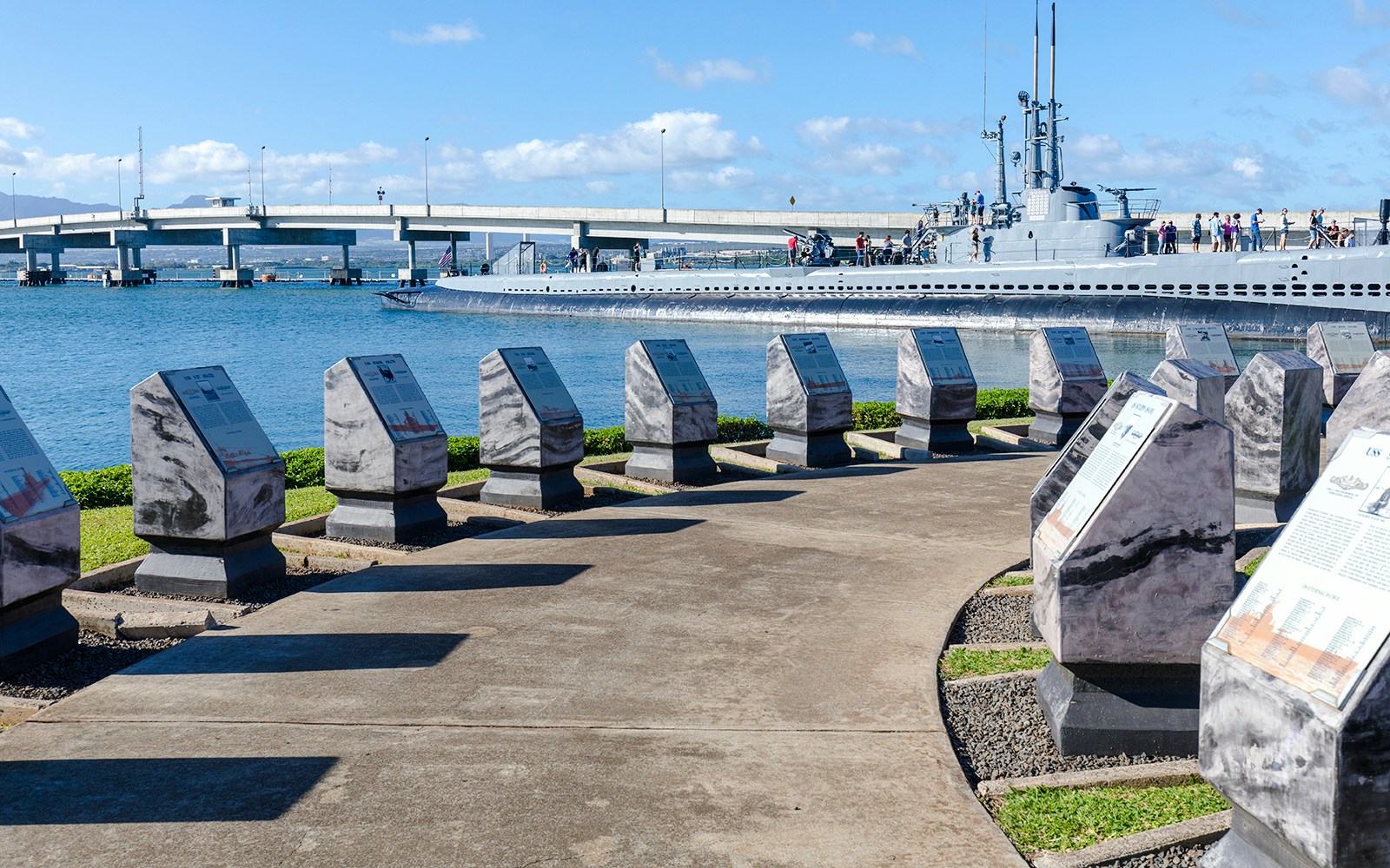 Pearl Harbor memorial plaques and submarine view, Honolulu, Hawaii.