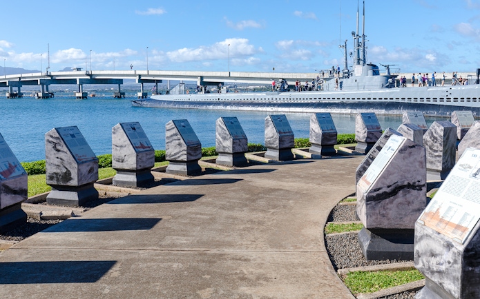 Pearl Harbor memorial plaques and submarine view, Honolulu, Hawaii.