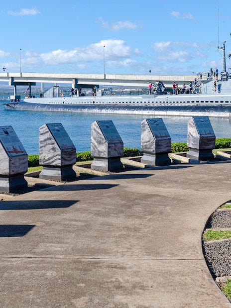 Pearl Harbor memorial plaques and submarine view, Honolulu, Hawaii.