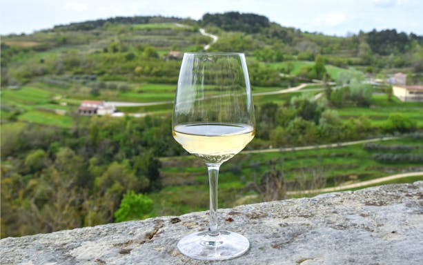 White wine glass on stone ledge overlooking green hills and roads in Croatian countryside.