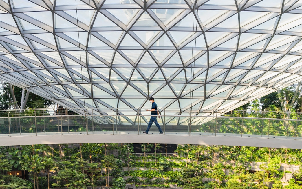Man walking on Canopy Bridge at Jewel Changi, Singapore.