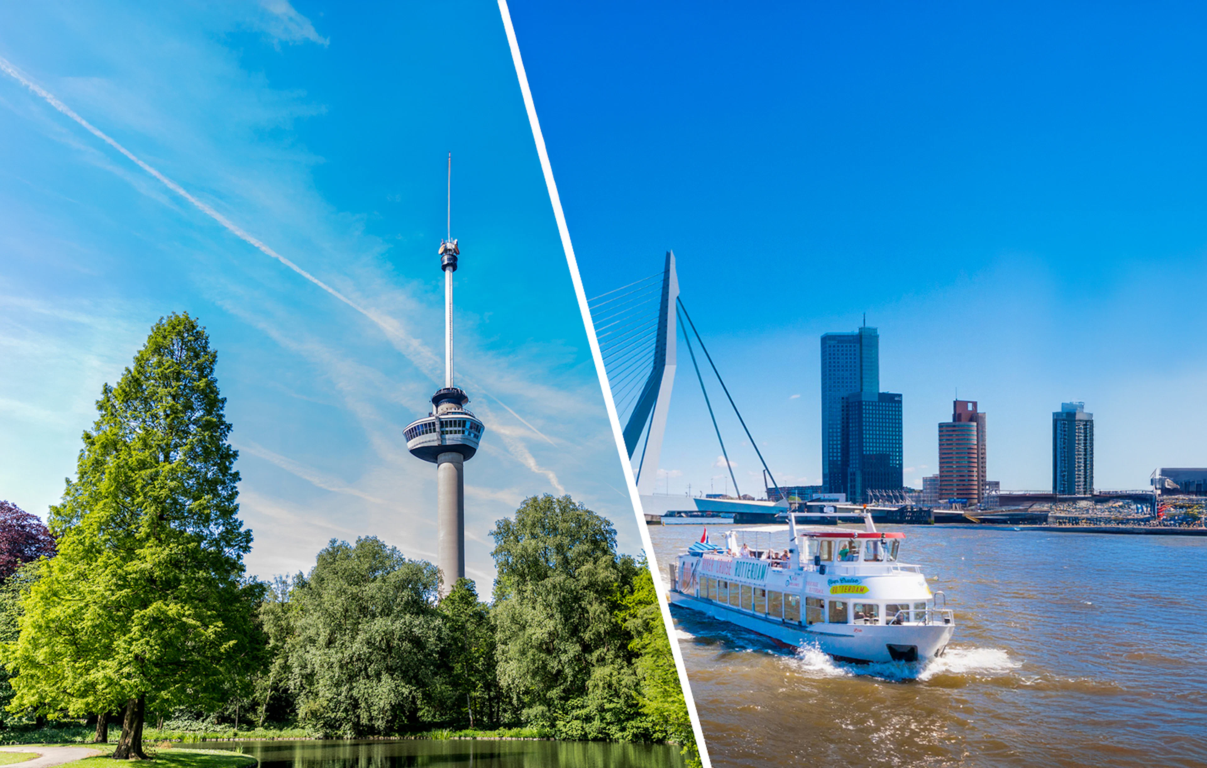 Euromast tower and river cruise boat on the Maas in Rotterdam.