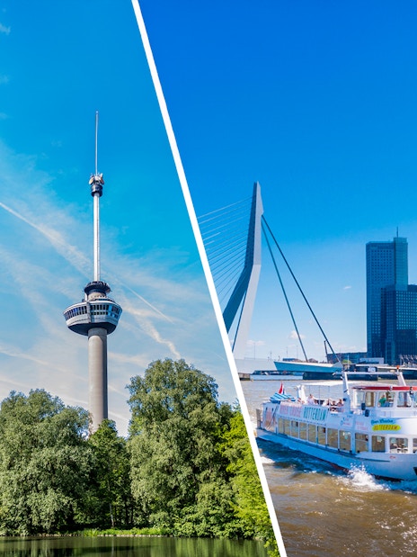 Euromast tower and river cruise boat on the Maas in Rotterdam.