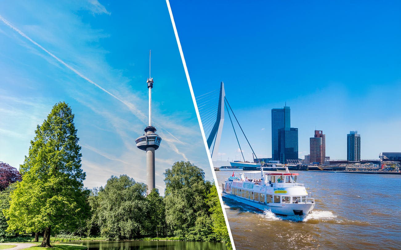 Euromast tower and river cruise boat on the Maas in Rotterdam.