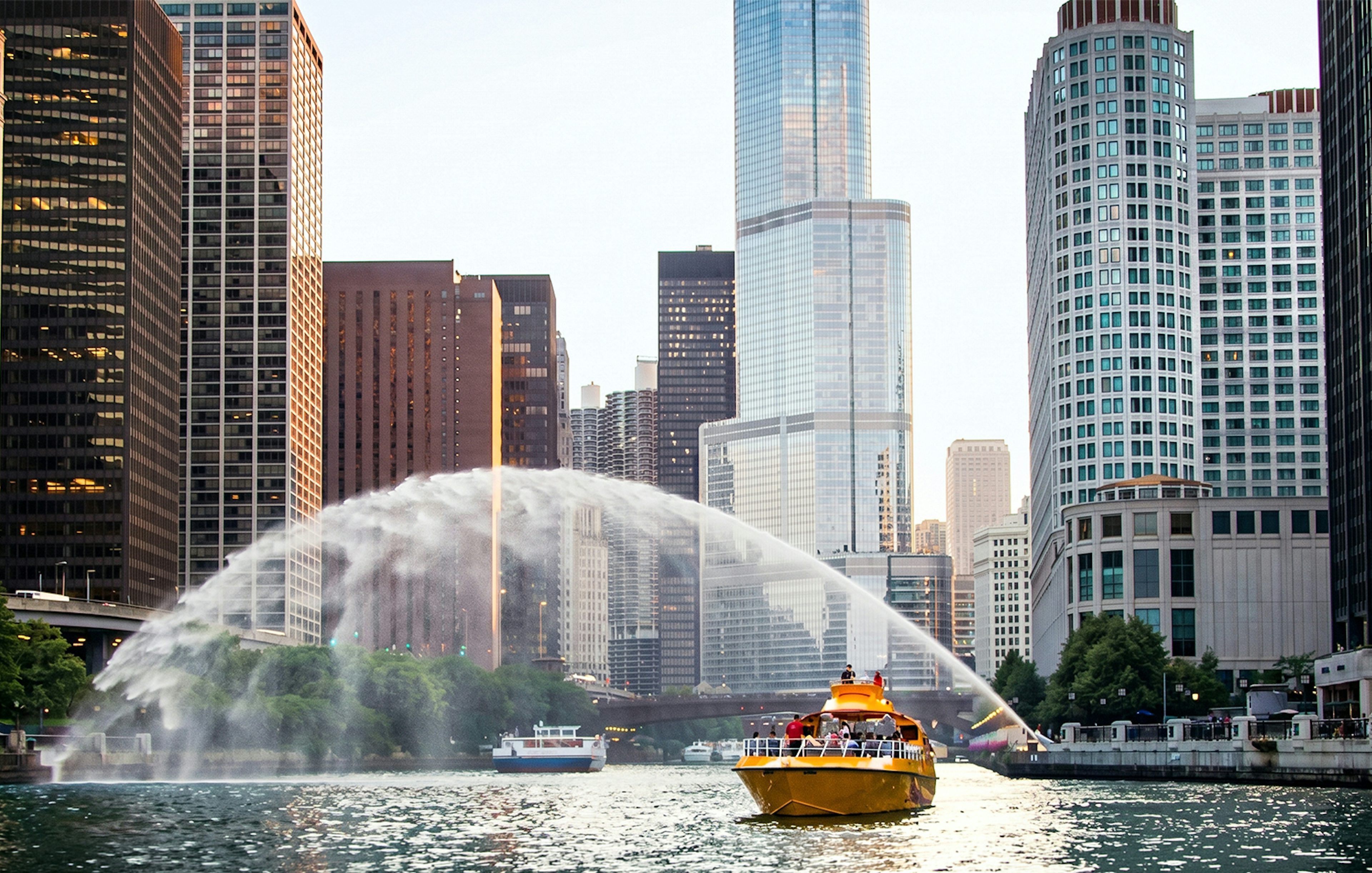 Sea Dog Cruise boat on Lake Michigan with Chicago skyline in the background.