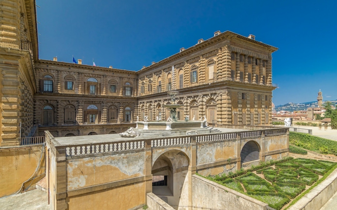 Back facade of Palazzo Pitti overlooking Boboli Garden in Florence.