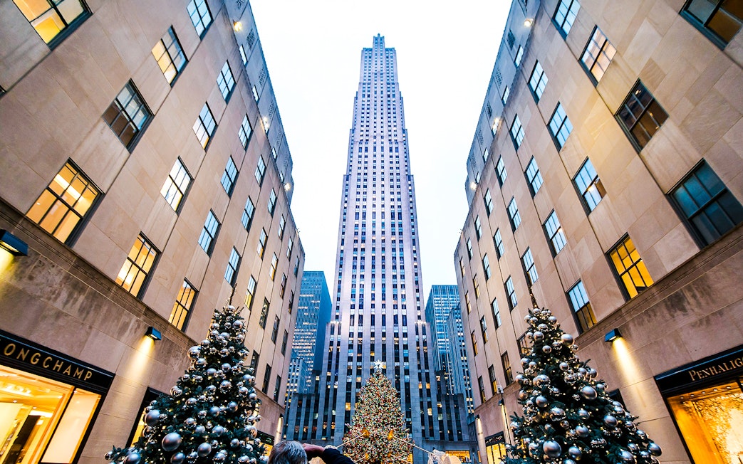 Rockefeller Center in New York City with holiday decorations and 30 Rockefeller Plaza.