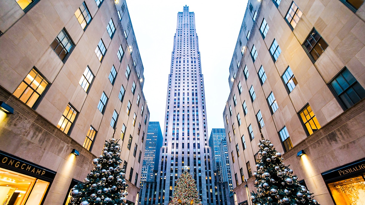 Rockefeller Center in New York City with holiday decorations and 30 Rockefeller Plaza.